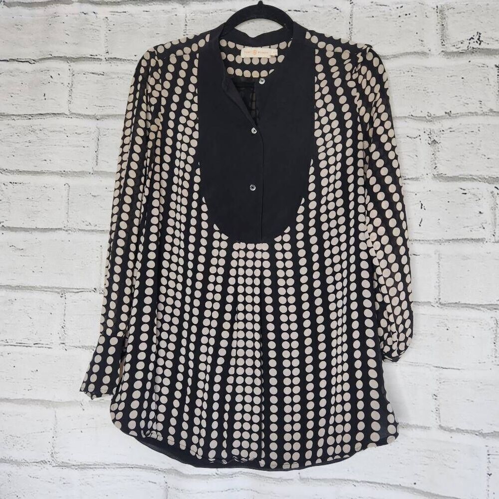 Tory Burch Womens Black Cream Polka Dot Silk Chiffon Tunic Blouse Size Small